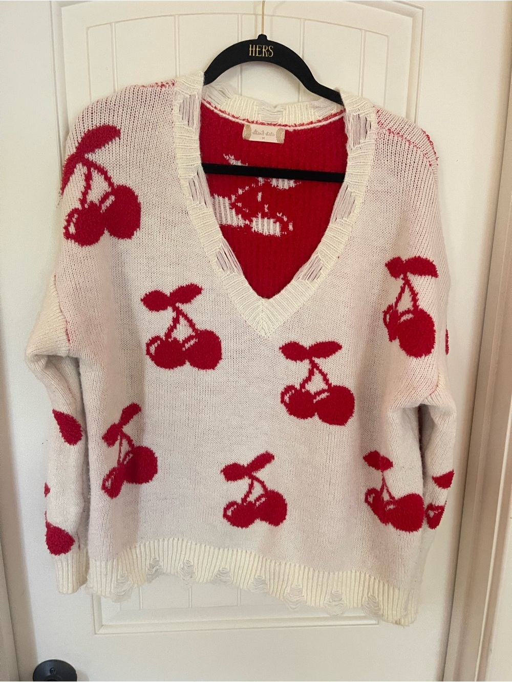 Altar'd State Cream V-Neck Sweater with Red Cherry Motif